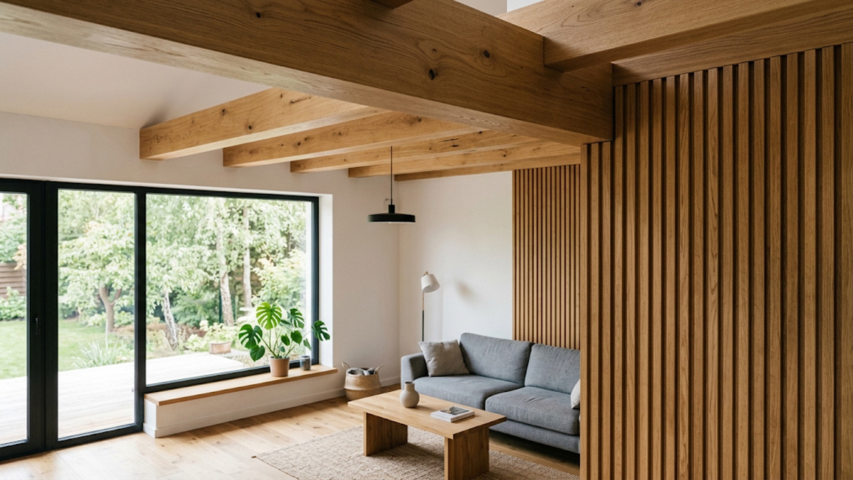 Drewniane lamele we wnętrzu zabezpieczone impregnatem Ivo-Wood-Stain